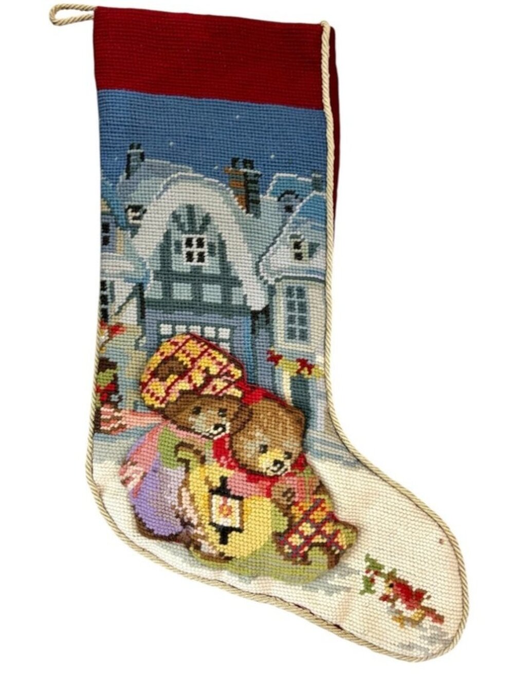 Vtg Christmas Stocking Wool Needlepoint 3D Victorian Teddy Bear Design Snowy 17"